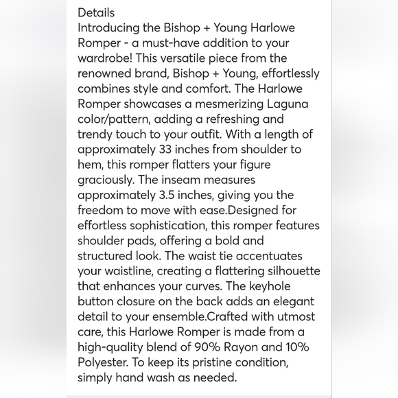 BISHOP + YOUNG  Harlowe Romper Size Large Color Laguna - Picture 3 of 6